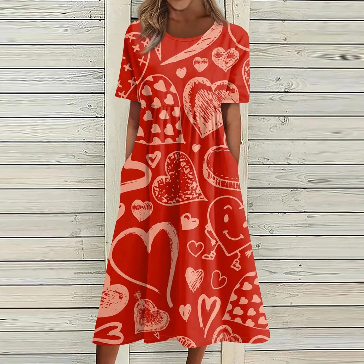Women's Summer Casual Loose Trendy Dress Round Neck Short Sleeve Heart Print Maxi Dresses