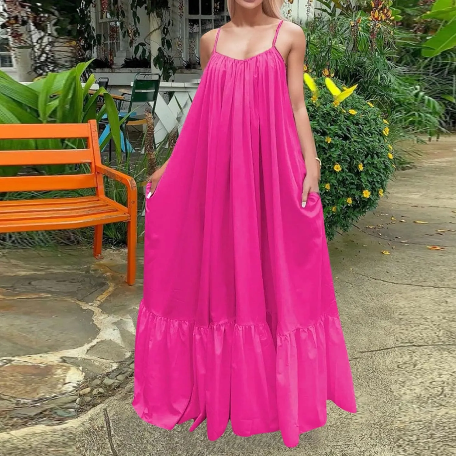 Women's Summer Casual Sleeveless Strappy Backless Maxi Dress Pleated Tiered Flowy Beach Vacation Long Dresses Sundress