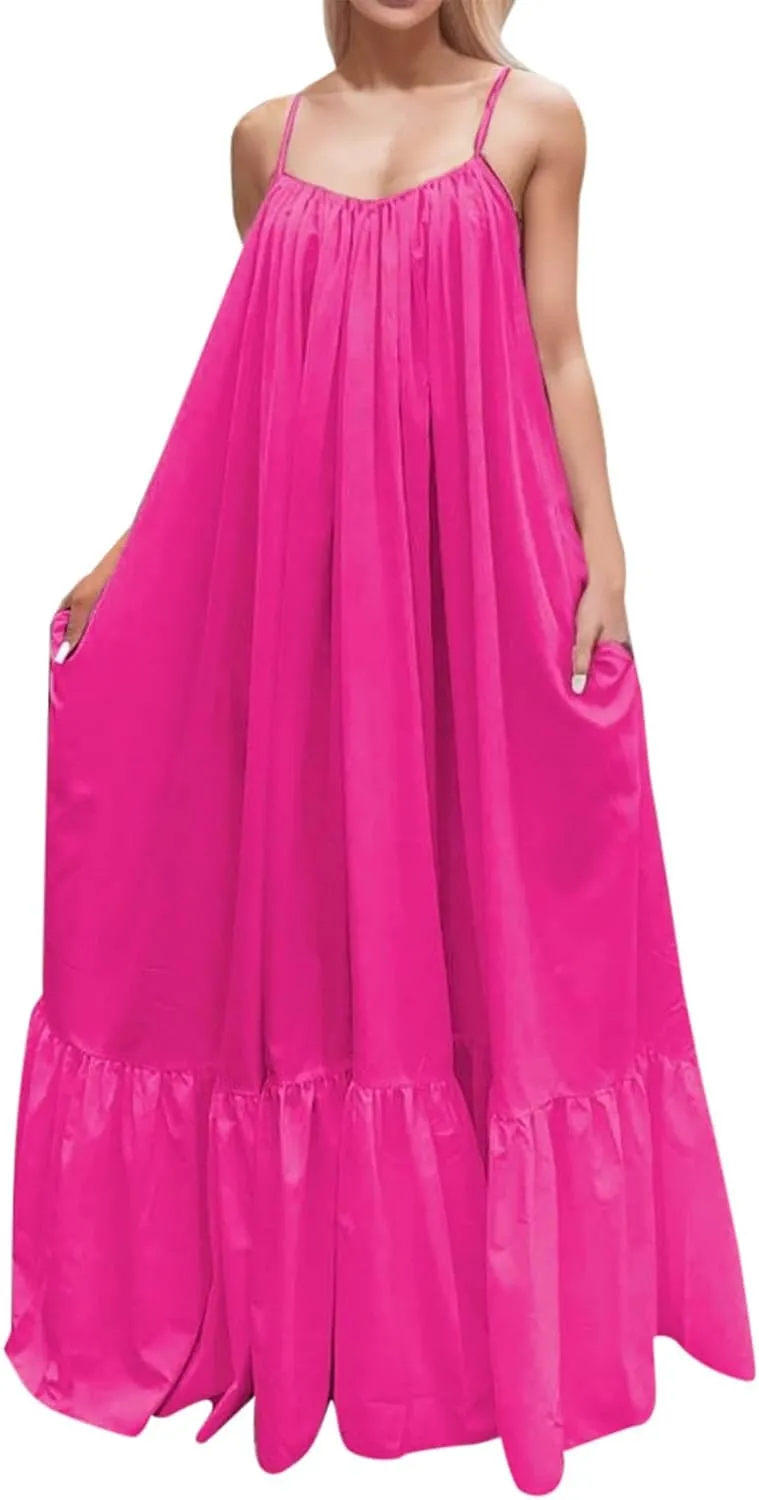 Women's Summer Casual Sleeveless Strappy Backless Maxi Dress Pleated Tiered Flowy Beach Vacation Long Dresses Sundress