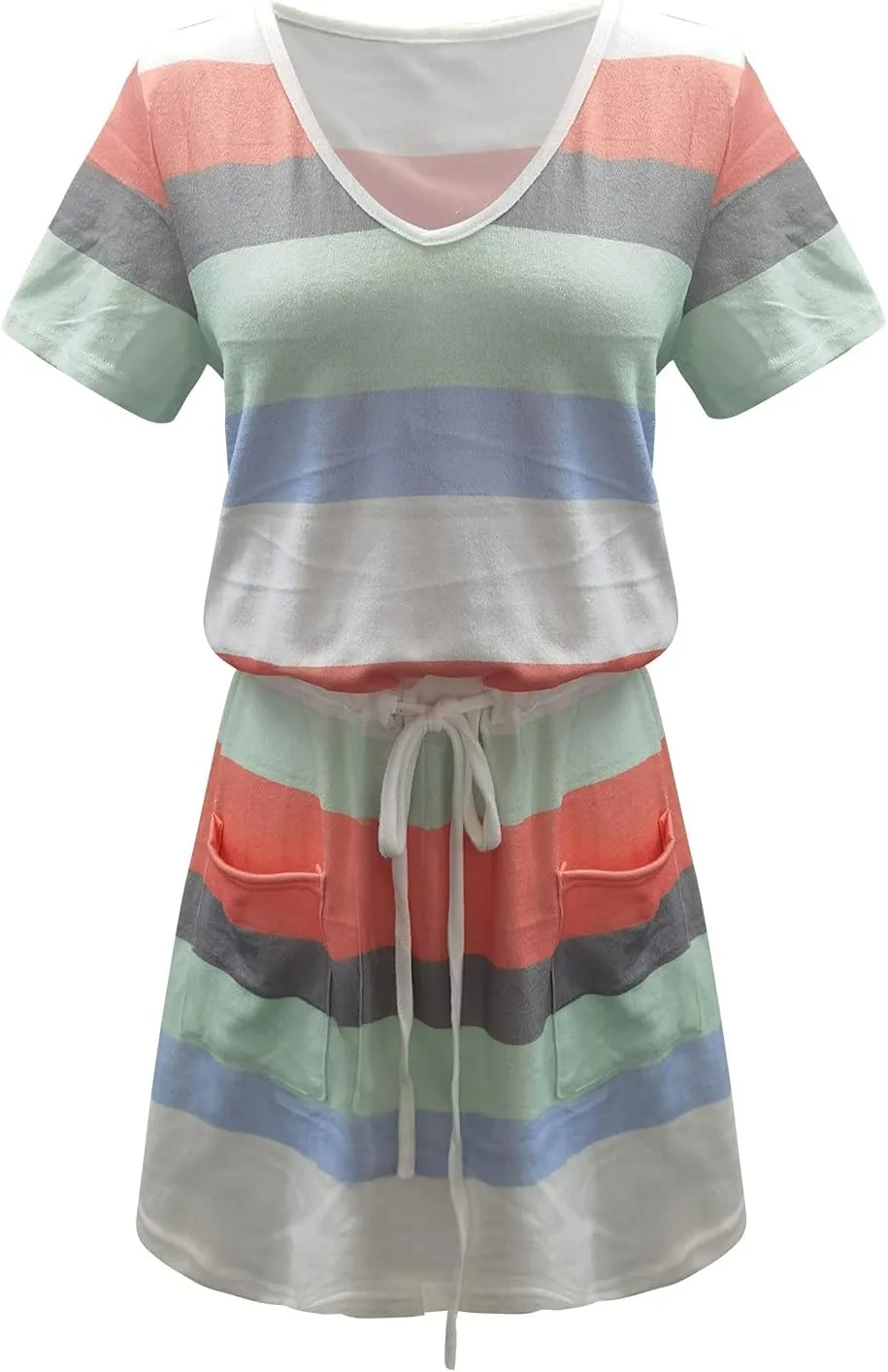 Women's Summer Casual Tank Dress Round-Neck Short Sleeve T-Shirts Dress Bandage Color Block Stripes Loose Sundresses