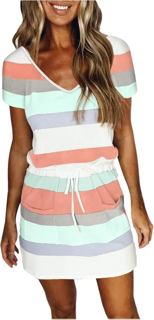 Women's Summer Casual Tank Dress Round-Neck Short Sleeve T-Shirts Dress Bandage Color Block Stripes Loose Sundresses