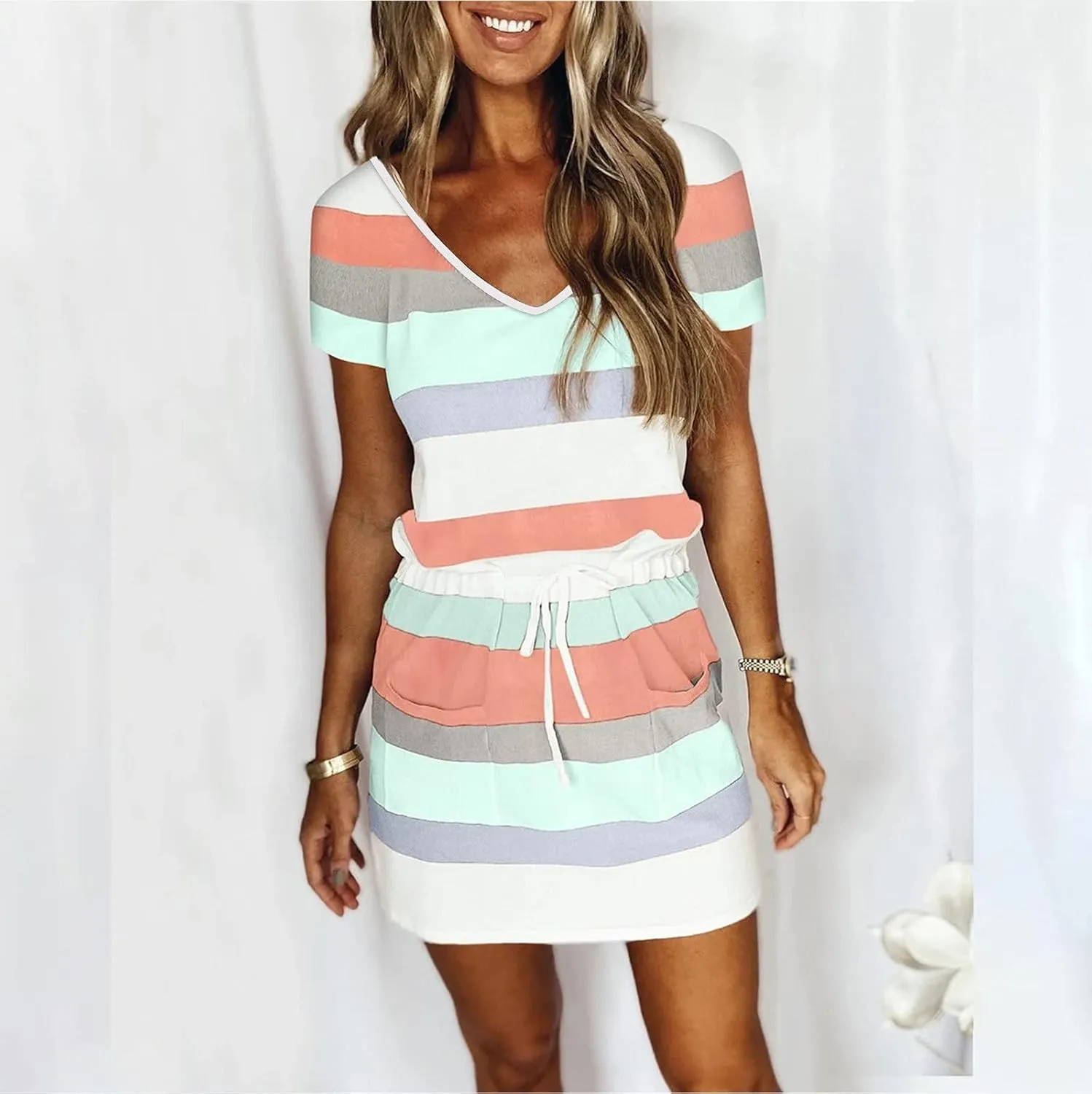 Women's Summer Casual Tank Dress Round-Neck Short Sleeve T-Shirts Dress Bandage Color Block Stripes Loose Sundresses