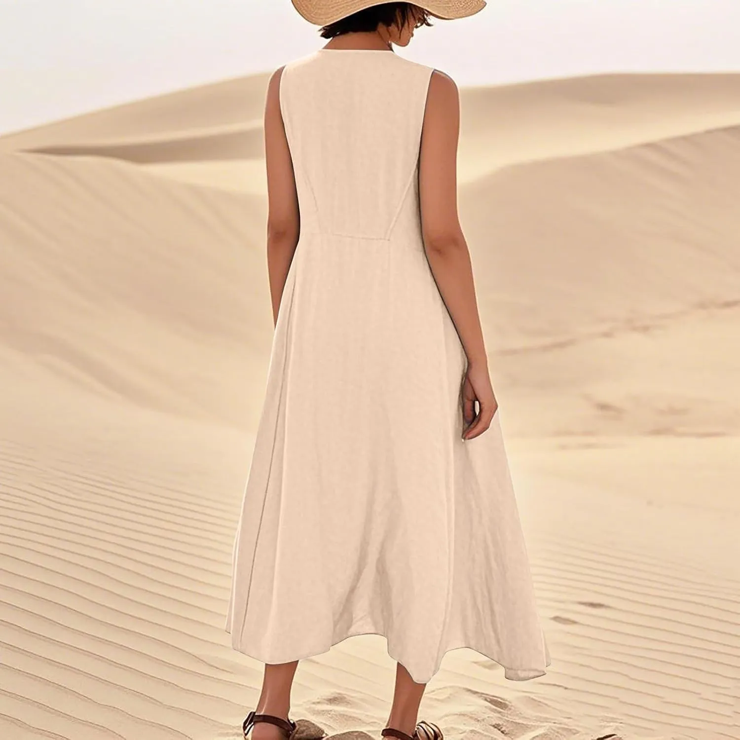 Women's Summer Cotton Linen Sleeveless Maxi Flowy Dresses Plus Size Loose Comfy Elegant Dress with Pockets