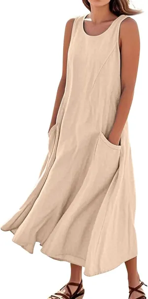 Women's Summer Cotton Linen Sleeveless Maxi Flowy Dresses Plus Size Loose Comfy Elegant Dress with Pockets