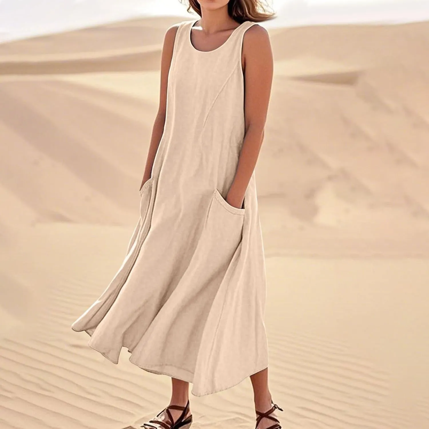Women's Summer Cotton Linen Sleeveless Maxi Flowy Dresses Plus Size Loose Comfy Elegant Dress with Pockets