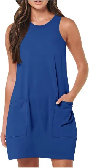 Womens Summer Dress Vacation Sleeveless Tank Crewneck A-Line Midi Dress Flowy Sundress Swing Party Short Dresses