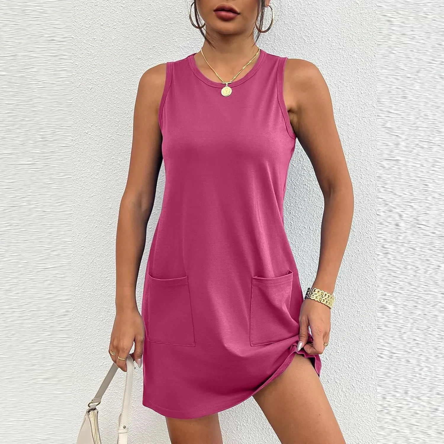 Womens Summer Dress Vacation Sleeveless Tank Crewneck A-Line Midi Dress Flowy Sundress Swing Party Short Dresses