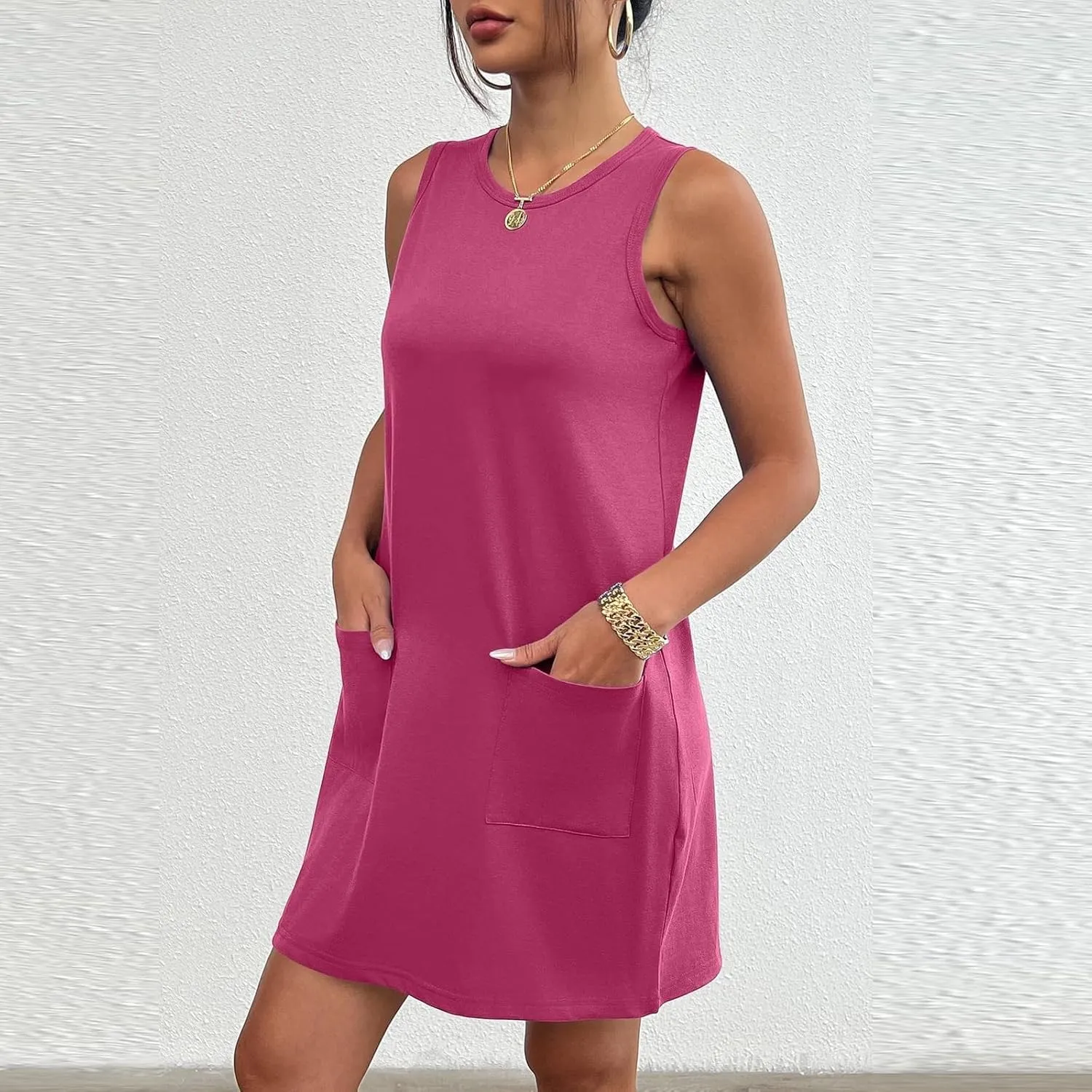 Womens Summer Dress Vacation Sleeveless Tank Crewneck A-Line Midi Dress Flowy Sundress Swing Party Short Dresses