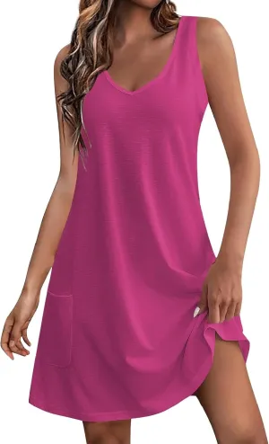 Women's Summer Dresses 2024 Beach Casual Sleeveless Floral Print Boho Tank Dress V Neck Loose Sundress with Pocket