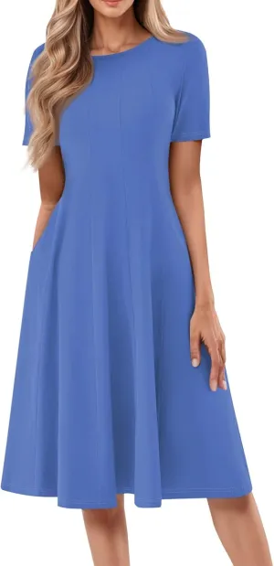 Women's Summer Dresses 2025 Casual Loose Trendy Short Sleeve Crew Neck Solid Color Gradient Midi Dress Plus Size, S-3XL