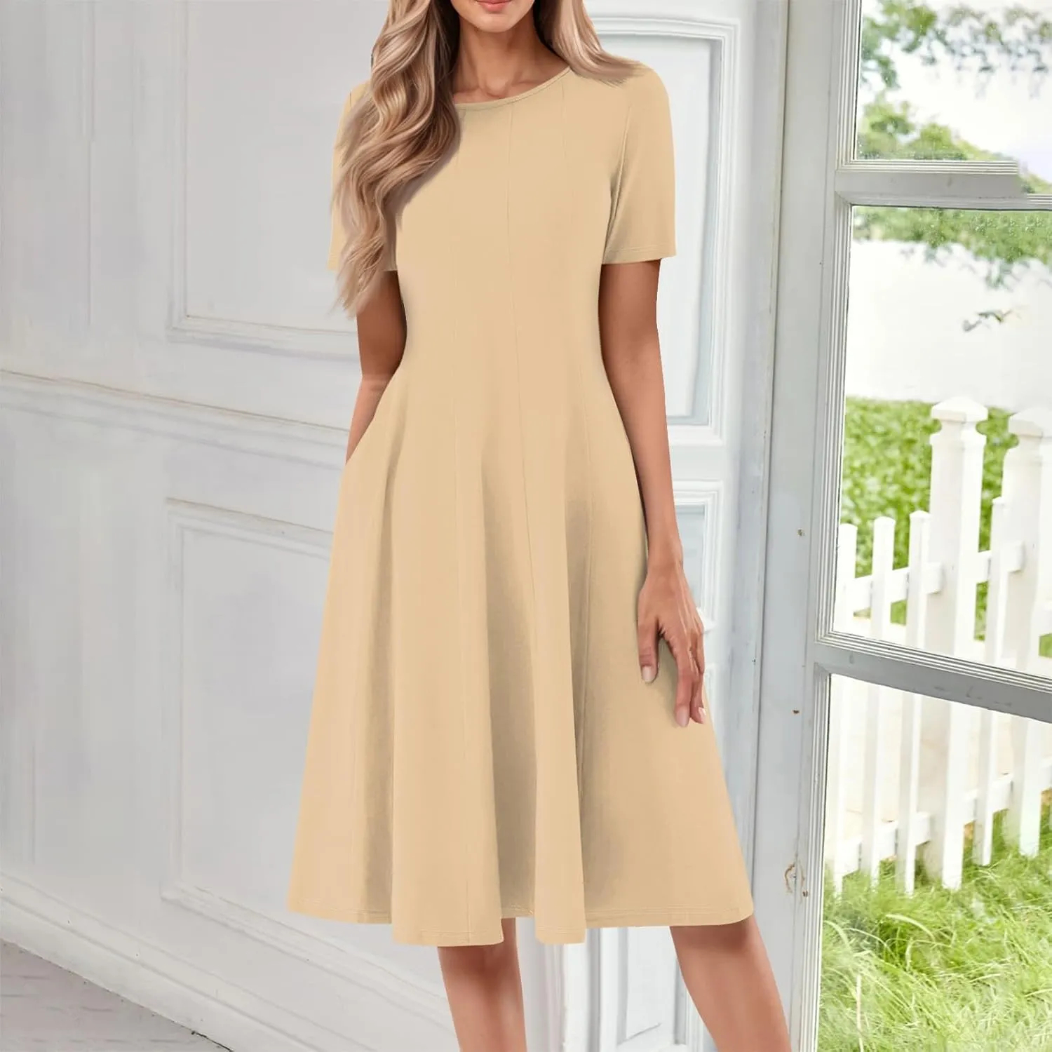 Women's Summer Dresses 2025 Casual Loose Trendy Short Sleeve Crew Neck Solid Color Gradient Midi Dress Plus Size, S-3XL