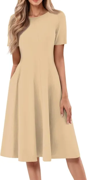 Women's Summer Dresses 2025 Casual Loose Trendy Short Sleeve Crew Neck Solid Color Gradient Midi Dress Plus Size, S-3XL