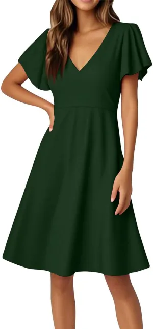 Women's Summer Dresses 2025 Casual V Neck Ruffle Sleeve Midi Casual Elegant Petite Dresses