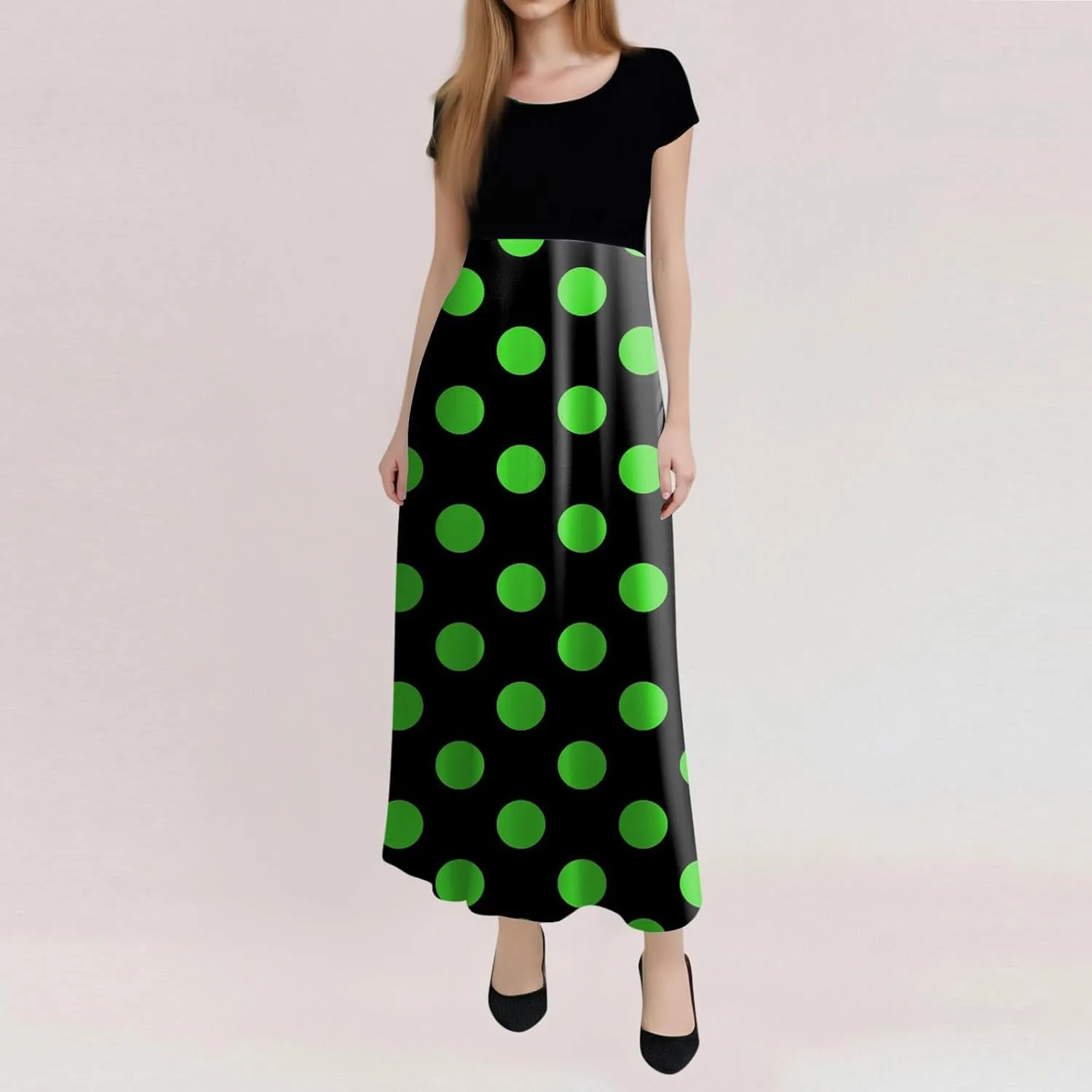 Women's Summer Dresses 2025 Trendy Solid Color Polka Dot Print Round Neck Short Sleeve Maxi Dress, S-3XL