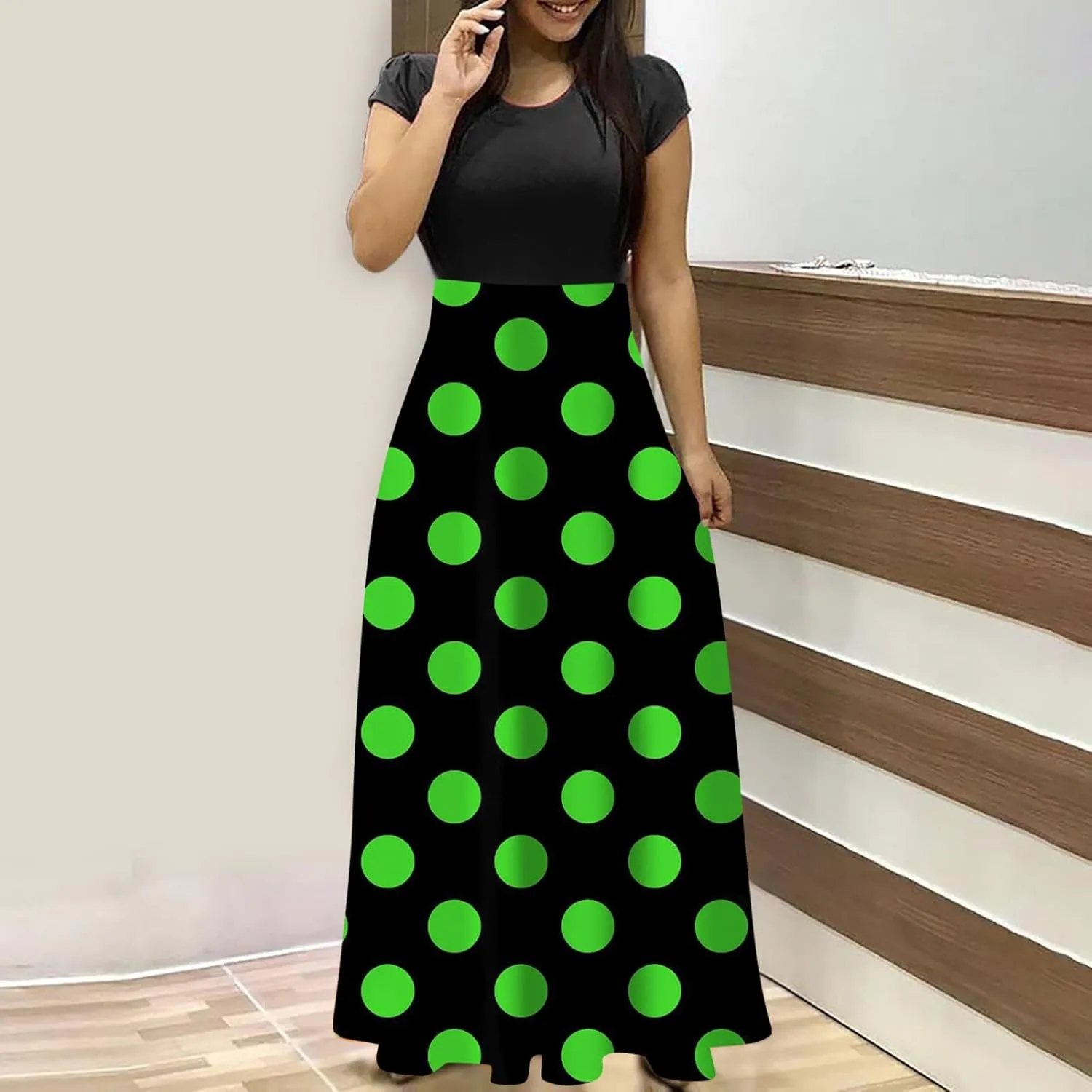 Women's Summer Dresses 2025 Trendy Solid Color Polka Dot Print Round Neck Short Sleeve Maxi Dress, S-3XL