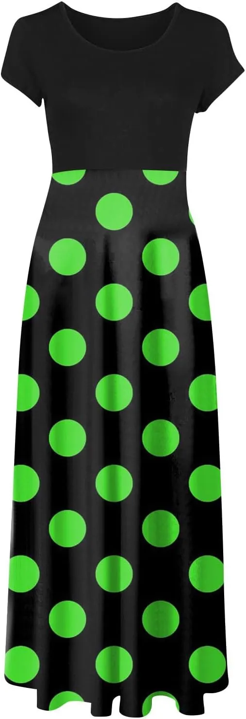 Women's Summer Dresses 2025 Trendy Solid Color Polka Dot Print Round Neck Short Sleeve Maxi Dress, S-3XL