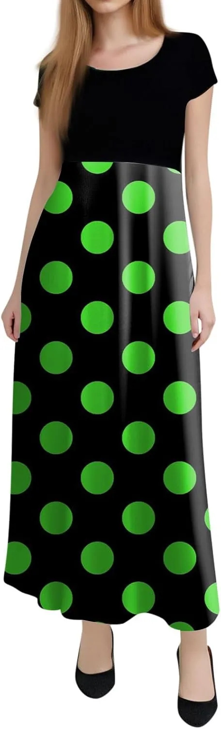 Women's Summer Dresses 2025 Trendy Solid Color Polka Dot Print Round Neck Short Sleeve Maxi Dress, S-3XL