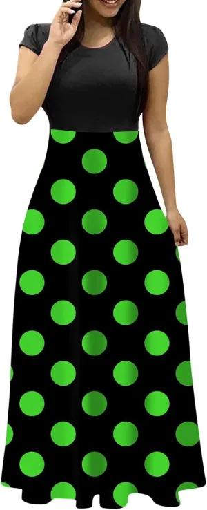 Women's Summer Dresses 2025 Trendy Solid Color Polka Dot Print Round Neck Short Sleeve Maxi Dress, S-3XL