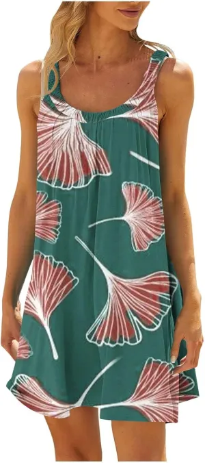 Womens Summer Dresses Bohemian Floral Tank Beach Halter Dress Casual Sleeveless Flowy Vacation Tshirt Sundresses