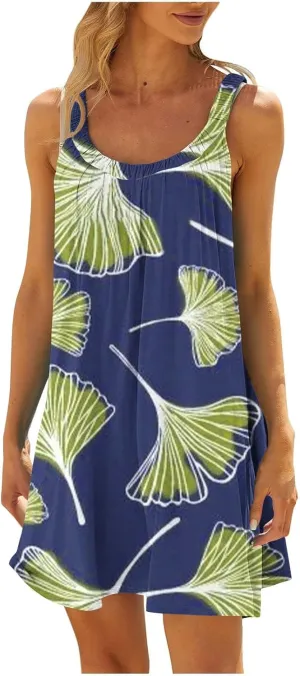 Womens Summer Dresses Bohemian Floral Tank Beach Halter Dress Casual Sleeveless Flowy Vacation Tshirt Sundresses