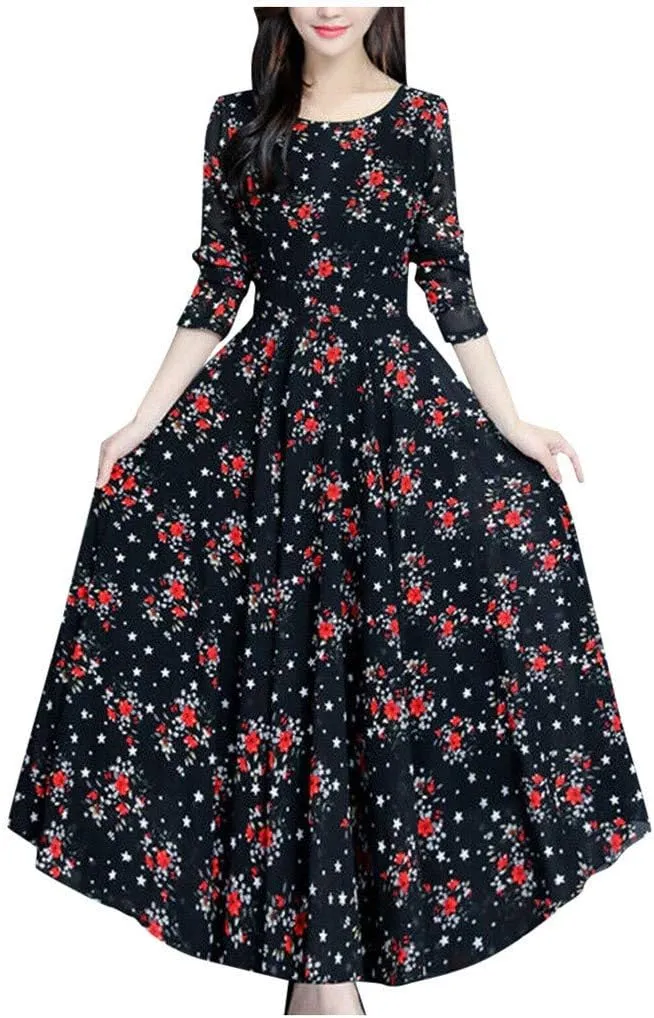Womens Summer Dresses Maxi Dress Swing Boho Beach Vacation Clothes Sundress Casual Beach Crewneck Short Sleeve