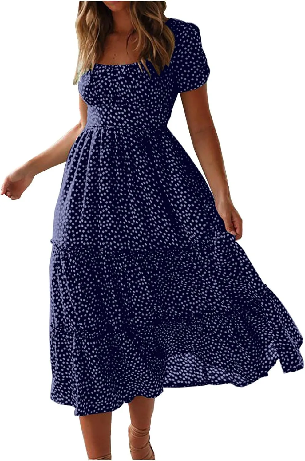 Womens Summer Dresses midi Polka dot Dress Short Sleeve Ruffle Boho Dress Casual Trendy Vacation Elegant Sundress