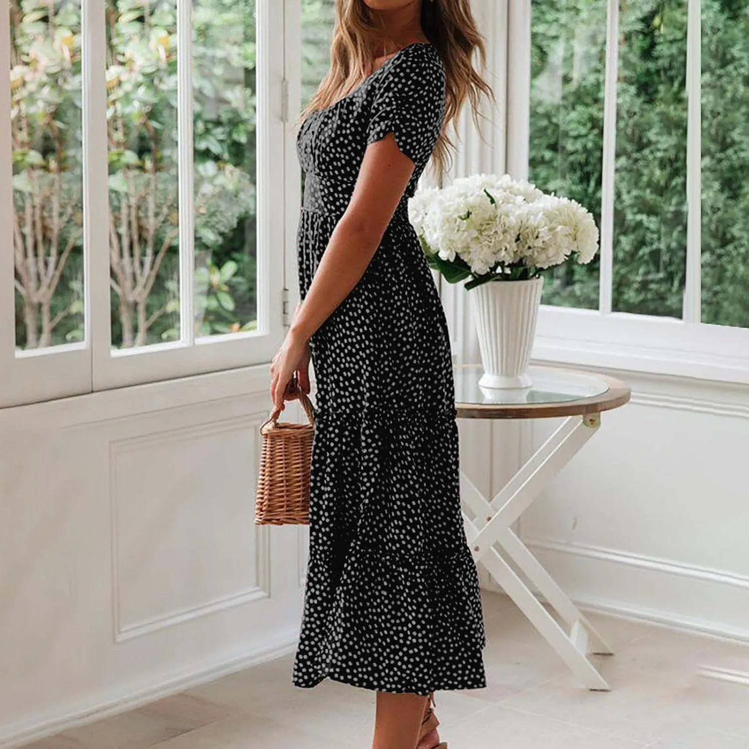 Womens Summer Dresses midi Polka dot Dress Short Sleeve Ruffle Boho Dress Casual Trendy Vacation Elegant Sundress