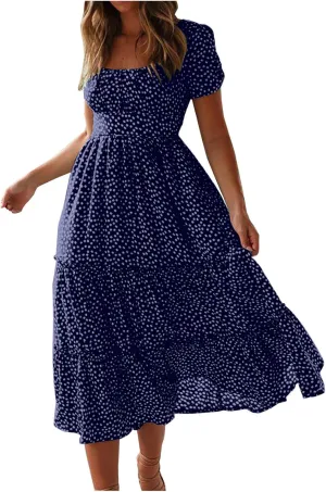 Womens Summer Dresses midi Polka dot Dress Short Sleeve Ruffle Boho Dress Casual Trendy Vacation Elegant Sundress