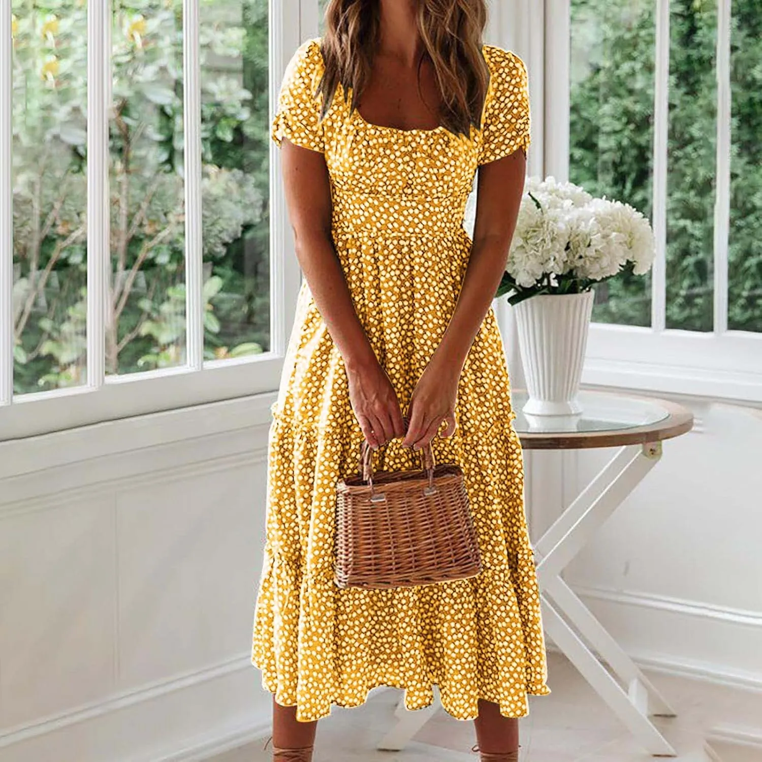Womens Summer Dresses midi Polka dot Dress Short Sleeve Ruffle Boho Dress Casual Trendy Vacation Elegant Sundress