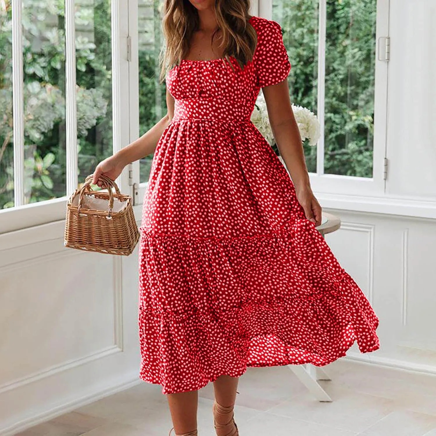 Womens Summer Dresses midi Polka dot Dress Short Sleeve Ruffle Boho Dress Casual Trendy Vacation Elegant Sundress