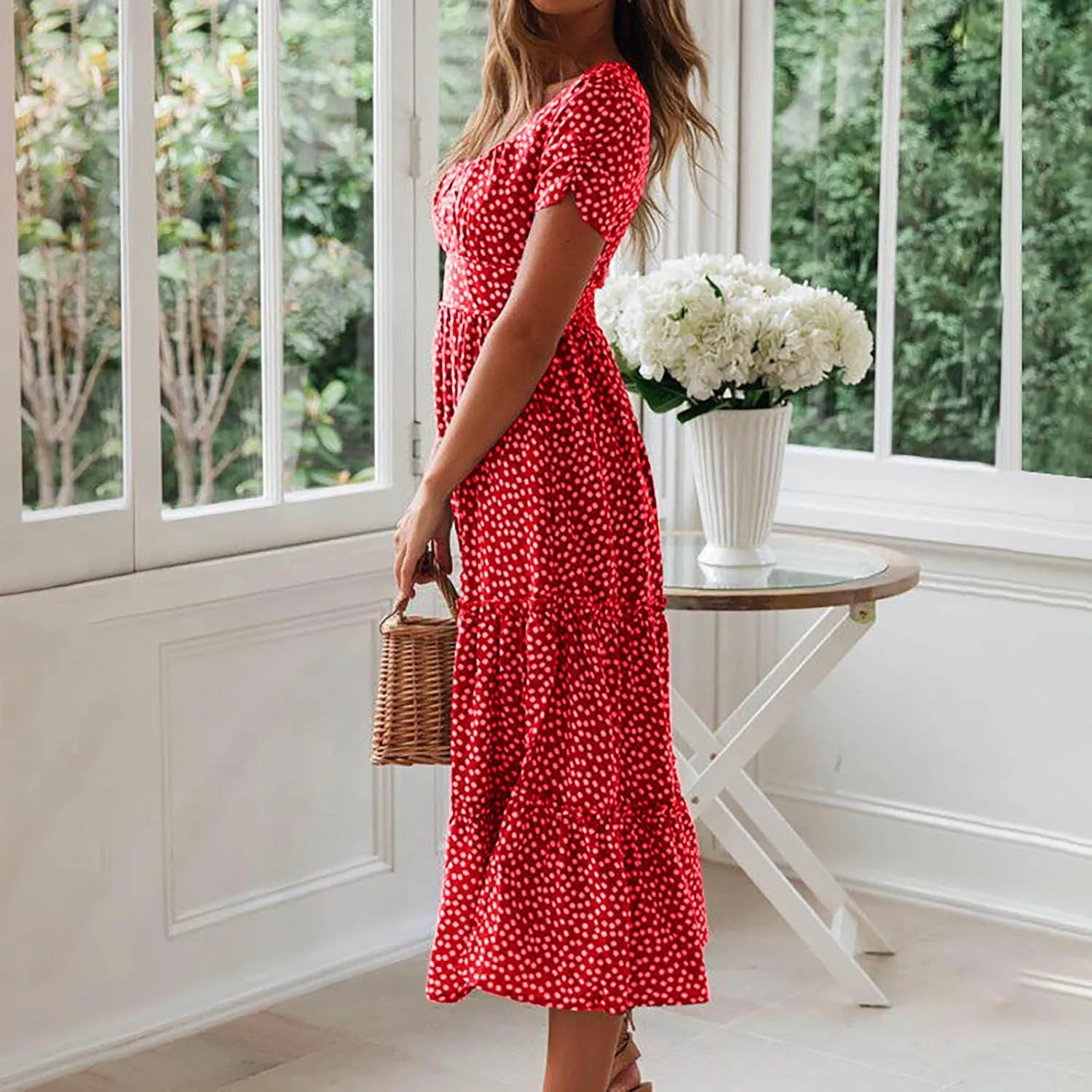 Womens Summer Dresses midi Polka dot Dress Short Sleeve Ruffle Boho Dress Casual Trendy Vacation Elegant Sundress