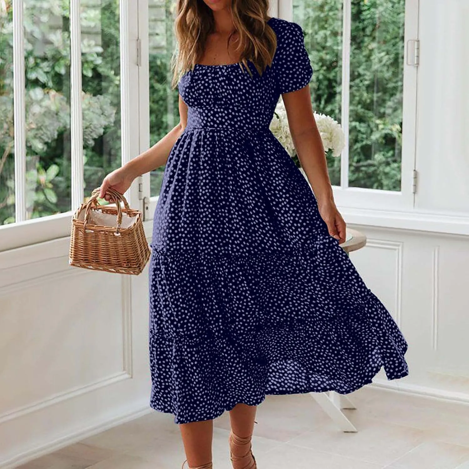 Womens Summer Dresses midi Polka dot Dress Short Sleeve Ruffle Boho Dress Casual Trendy Vacation Elegant Sundress