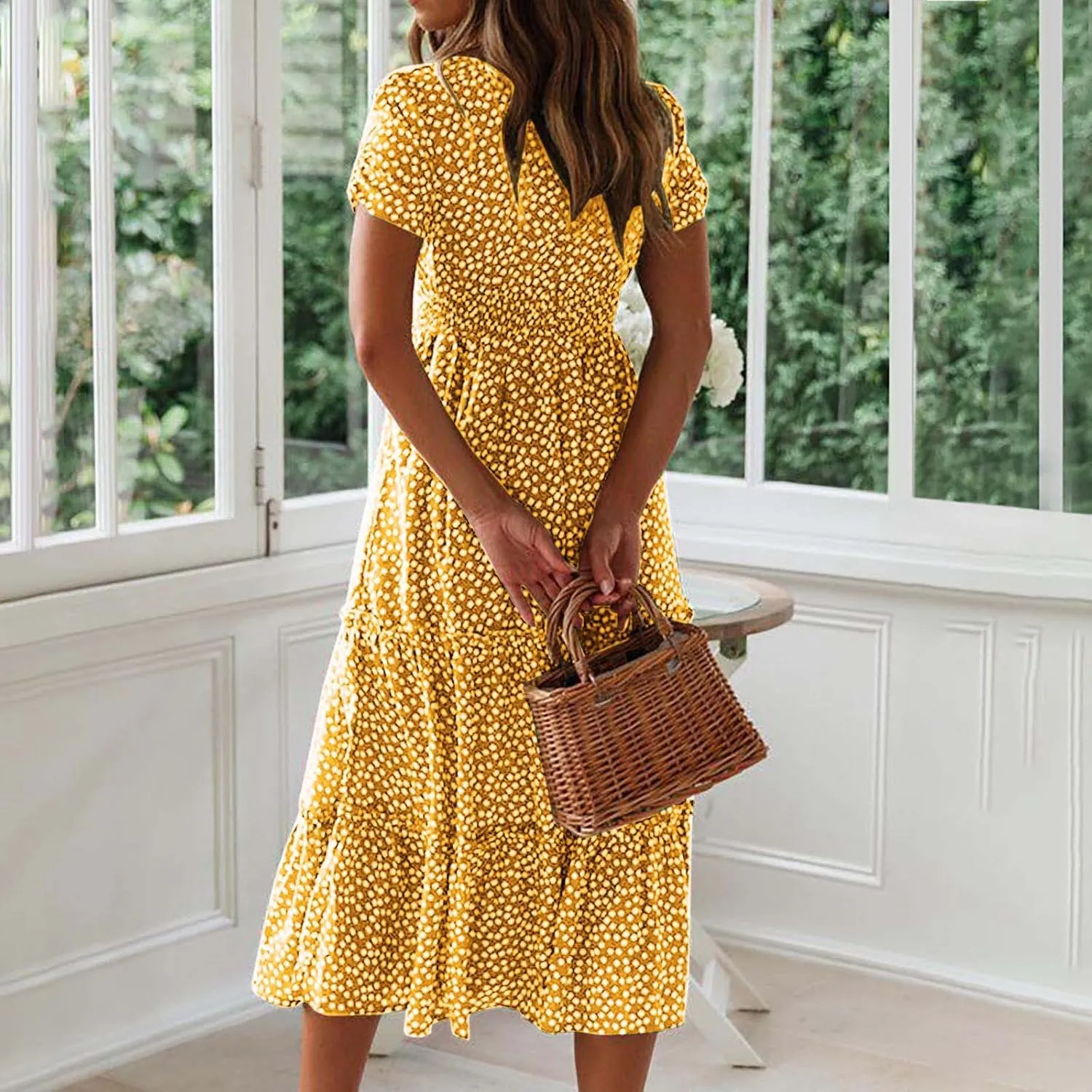 Womens Summer Dresses midi Polka dot Dress Short Sleeve Ruffle Boho Dress Casual Trendy Vacation Elegant Sundress