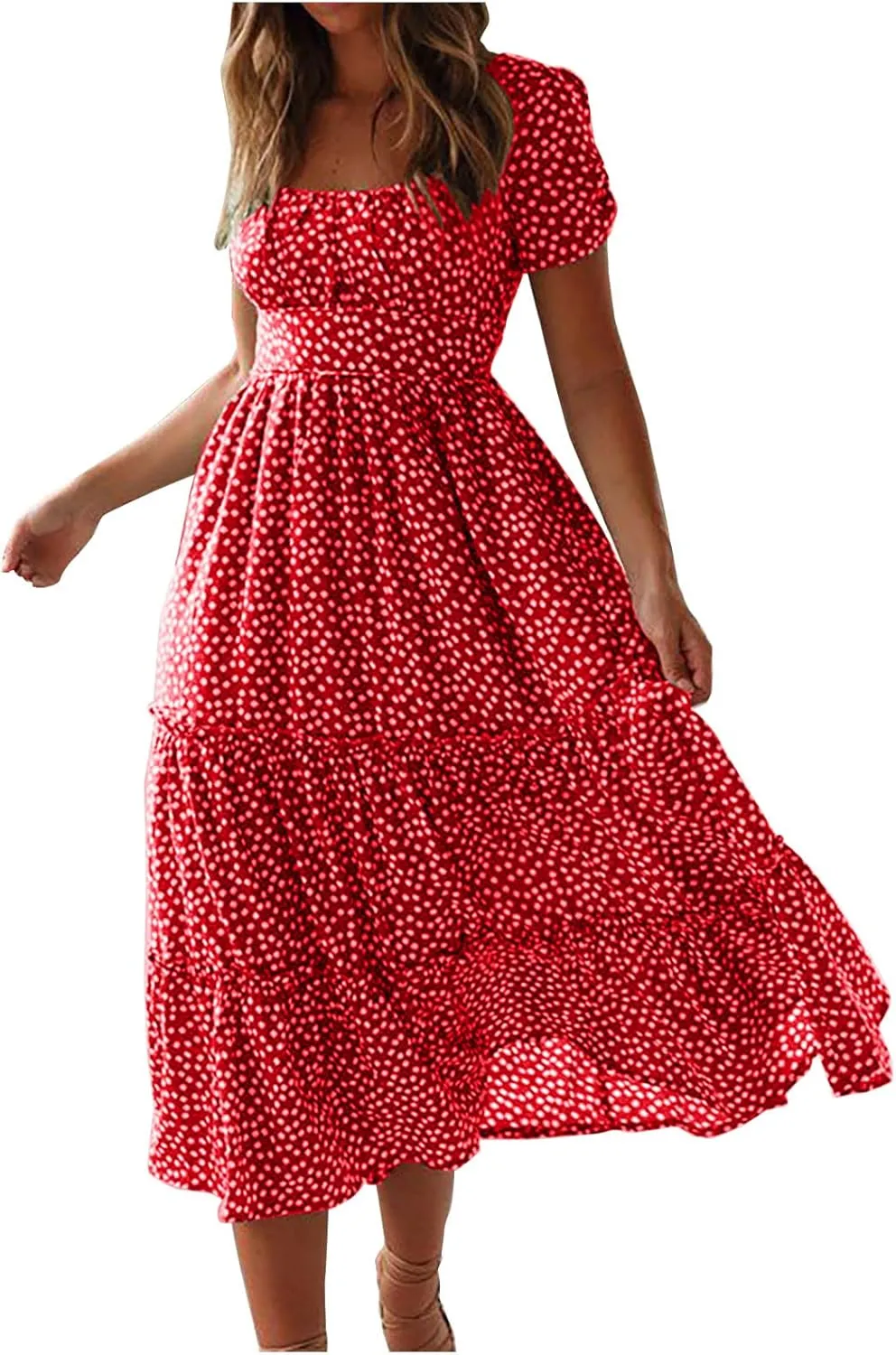 Womens Summer Dresses midi Polka dot Dress Short Sleeve Ruffle Boho Dress Casual Trendy Vacation Elegant Sundress