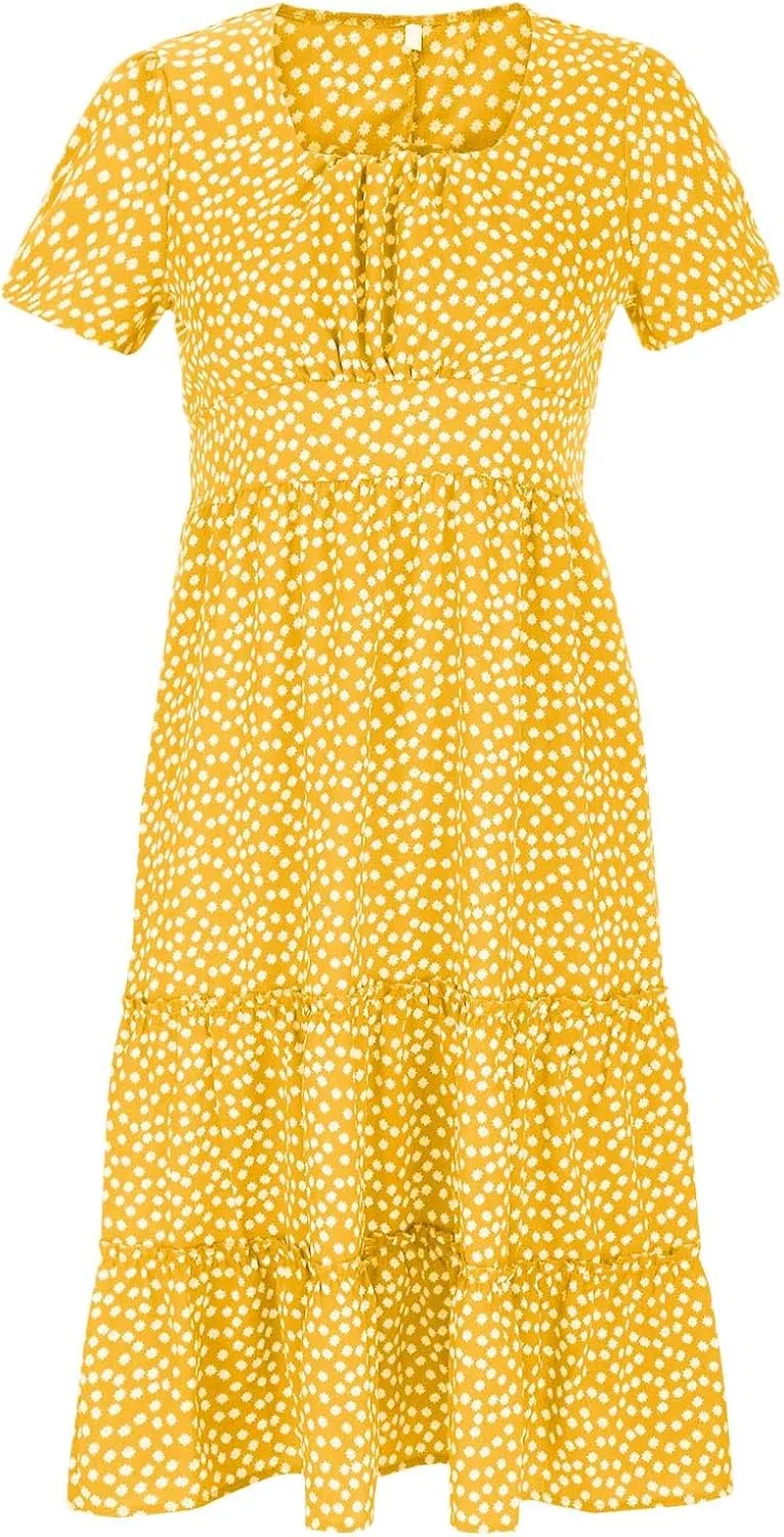 Womens Summer Dresses midi Polka dot Dress Short Sleeve Ruffle Boho Dress Casual Trendy Vacation Elegant Sundress