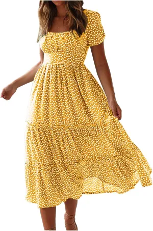 Womens Summer Dresses midi Polka dot Dress Short Sleeve Ruffle Boho Dress Casual Trendy Vacation Elegant Sundress