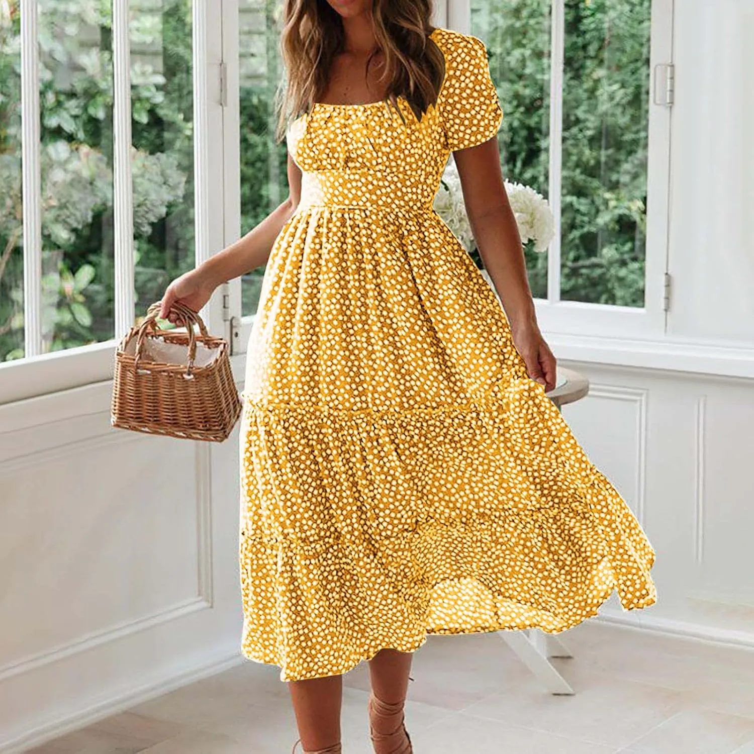 Womens Summer Dresses midi Polka dot Dress Short Sleeve Ruffle Boho Dress Casual Trendy Vacation Elegant Sundress