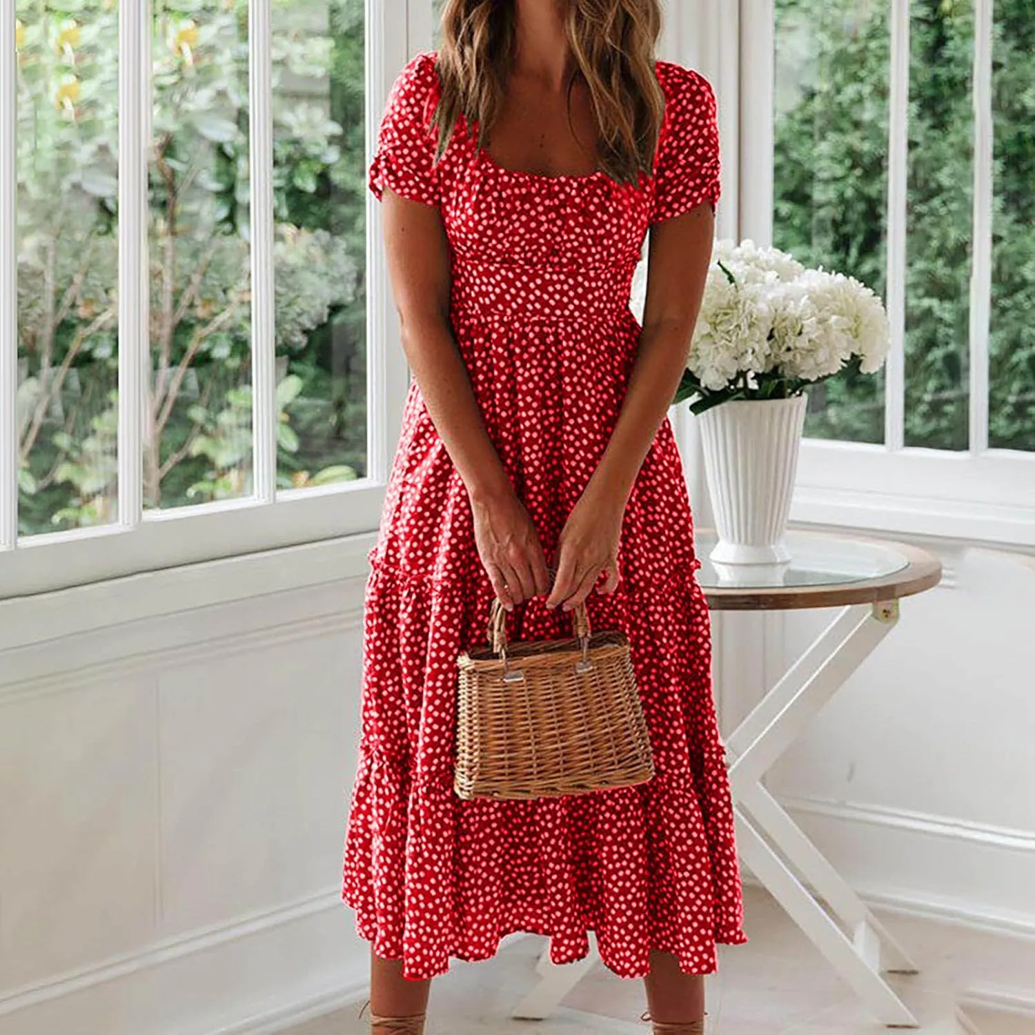 Womens Summer Dresses midi Polka dot Dress Short Sleeve Ruffle Boho Dress Casual Trendy Vacation Elegant Sundress