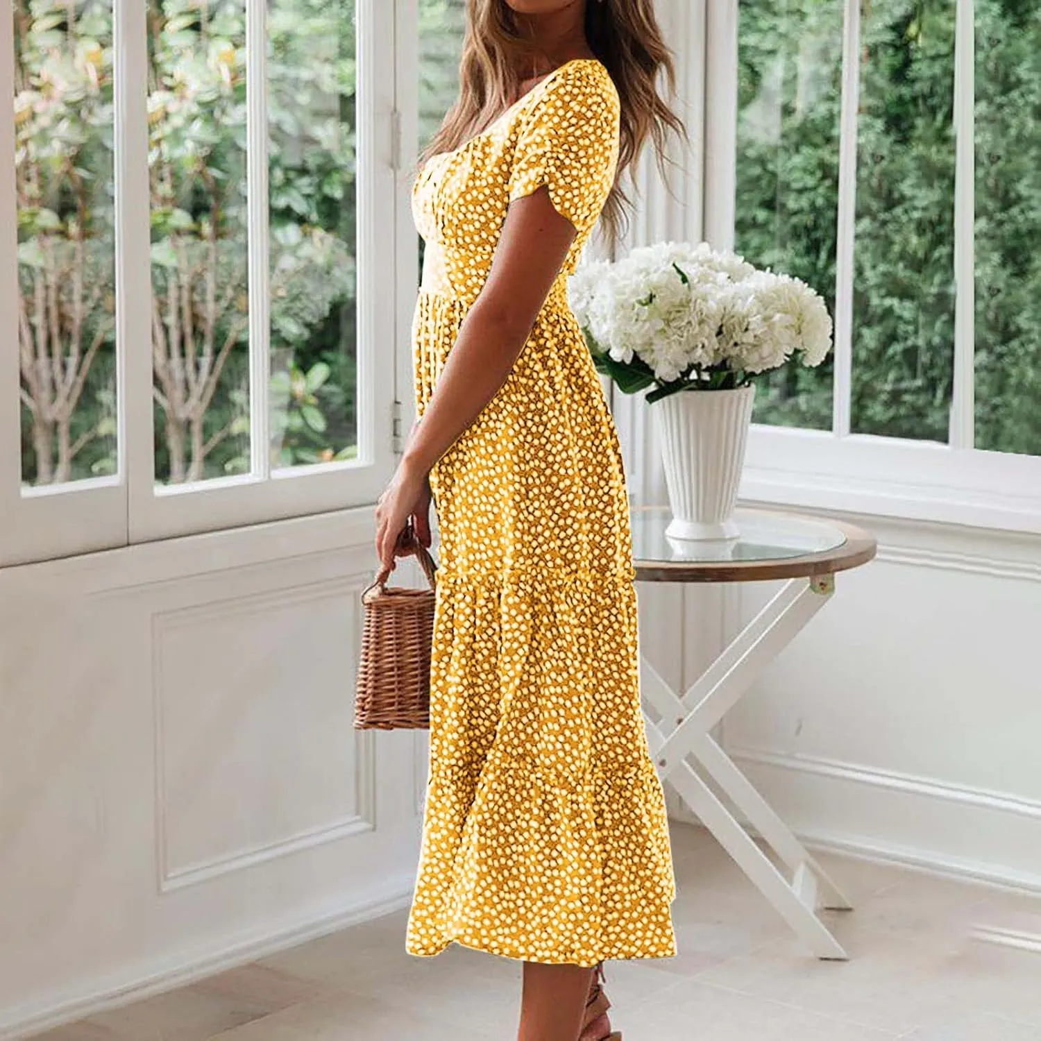 Womens Summer Dresses midi Polka dot Dress Short Sleeve Ruffle Boho Dress Casual Trendy Vacation Elegant Sundress