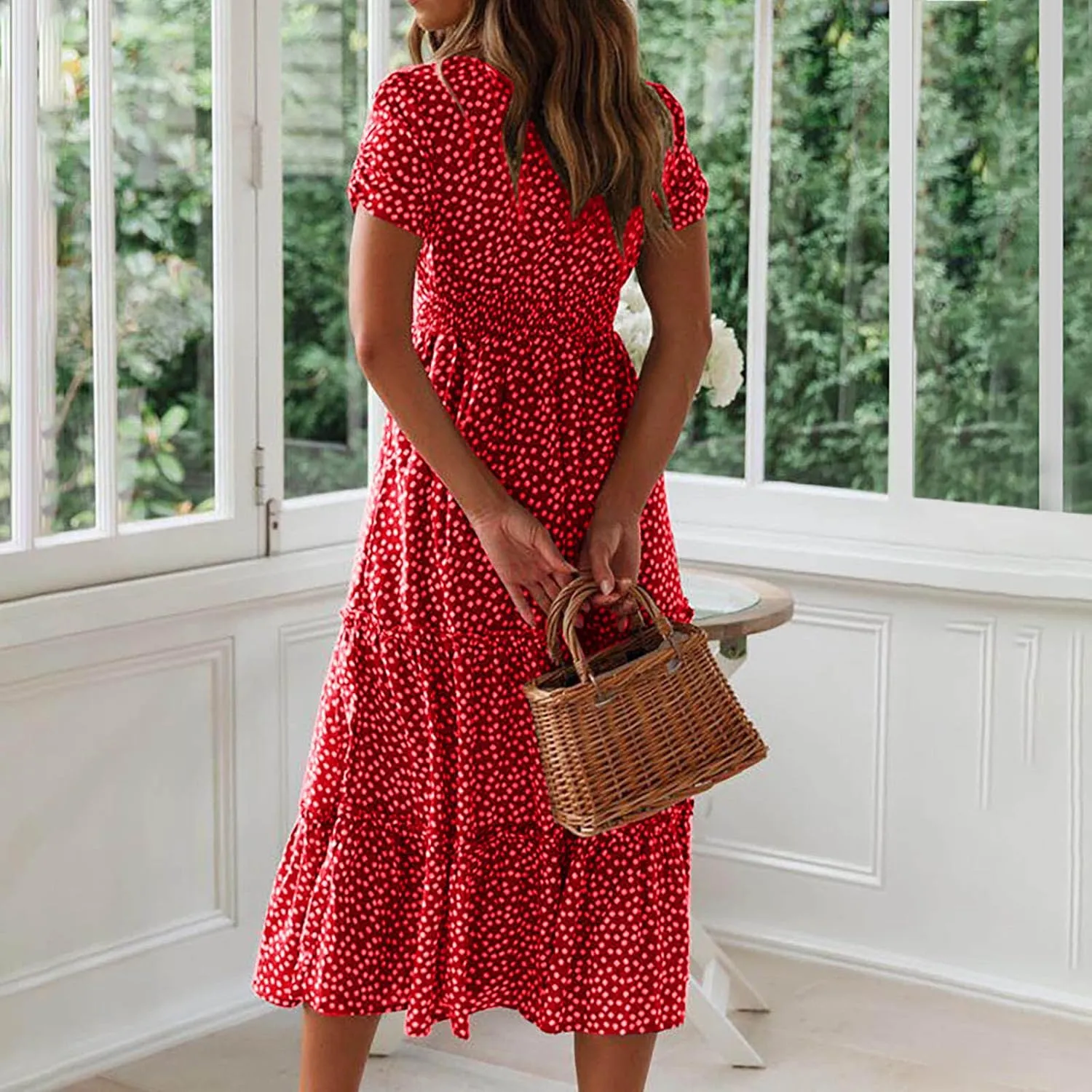Womens Summer Dresses midi Polka dot Dress Short Sleeve Ruffle Boho Dress Casual Trendy Vacation Elegant Sundress