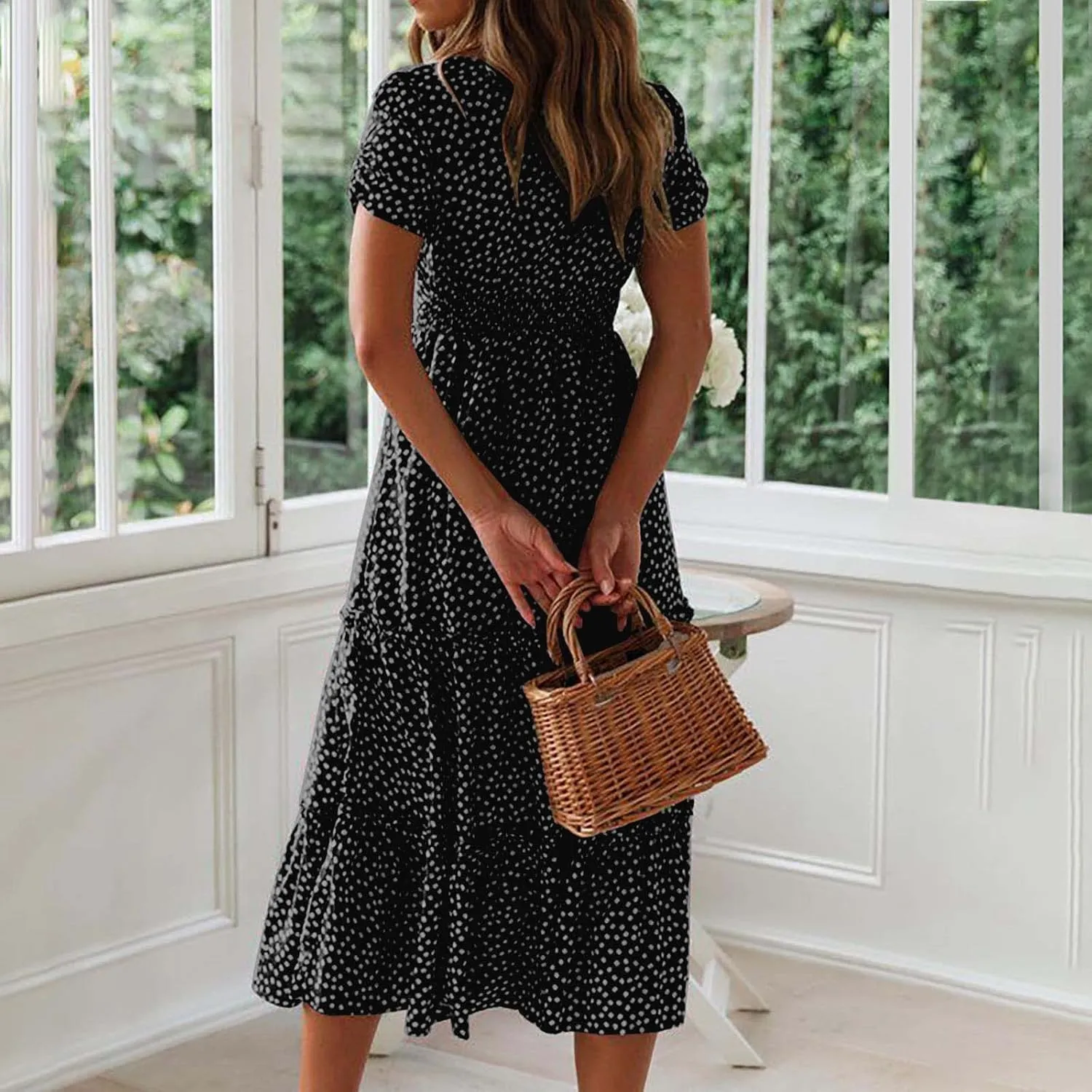 Womens Summer Dresses midi Polka dot Dress Short Sleeve Ruffle Boho Dress Casual Trendy Vacation Elegant Sundress