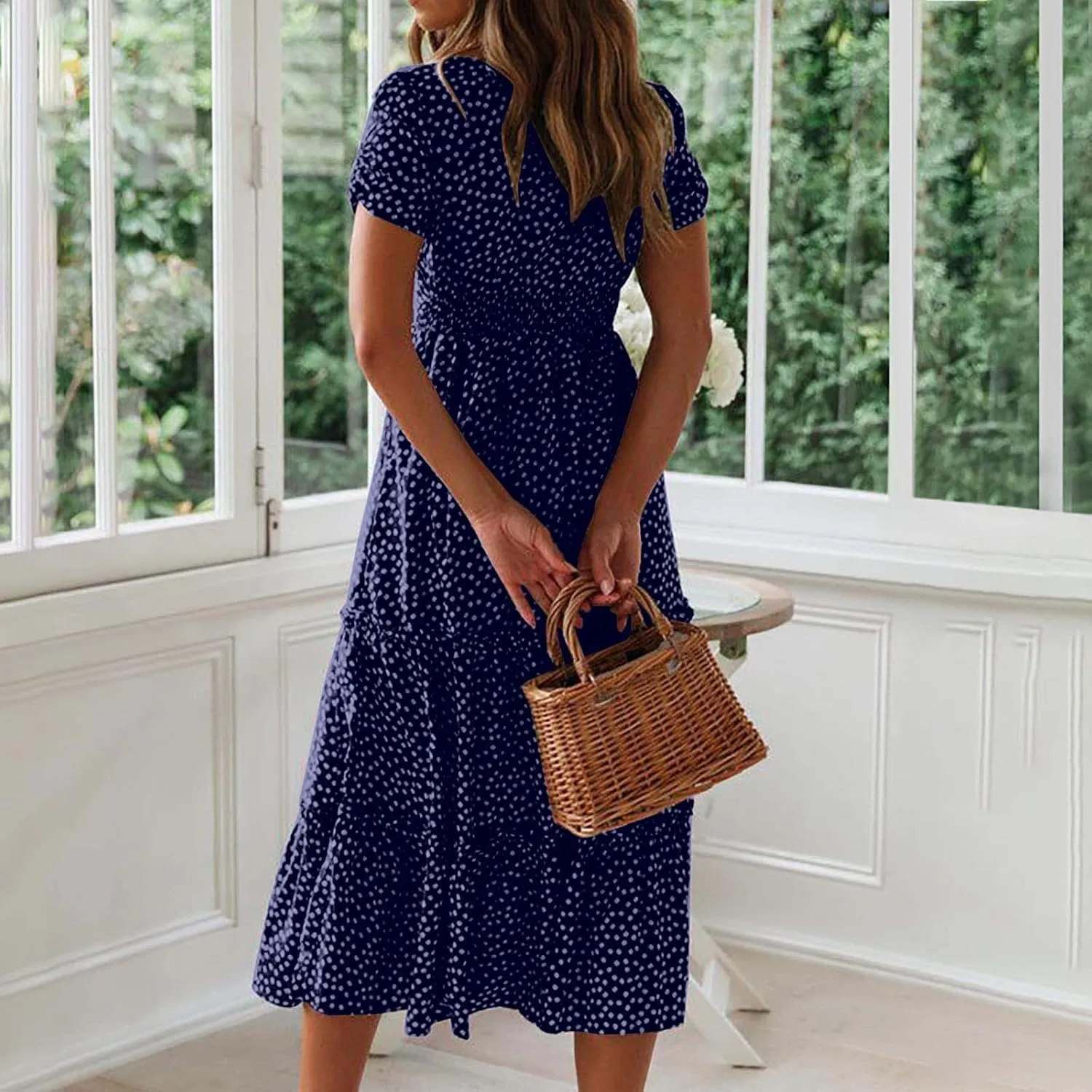 Womens Summer Dresses midi Polka dot Dress Short Sleeve Ruffle Boho Dress Casual Trendy Vacation Elegant Sundress