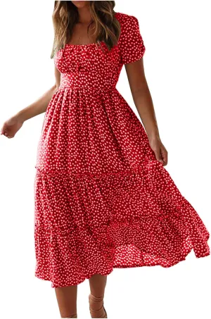 Womens Summer Dresses midi Polka dot Dress Short Sleeve Ruffle Boho Dress Casual Trendy Vacation Elegant Sundress