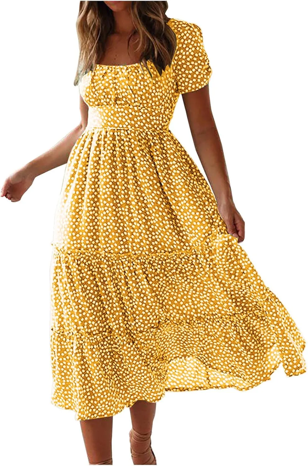 Womens Summer Dresses midi Polka dot Dress Short Sleeve Ruffle Boho Dress Casual Trendy Vacation Elegant Sundress