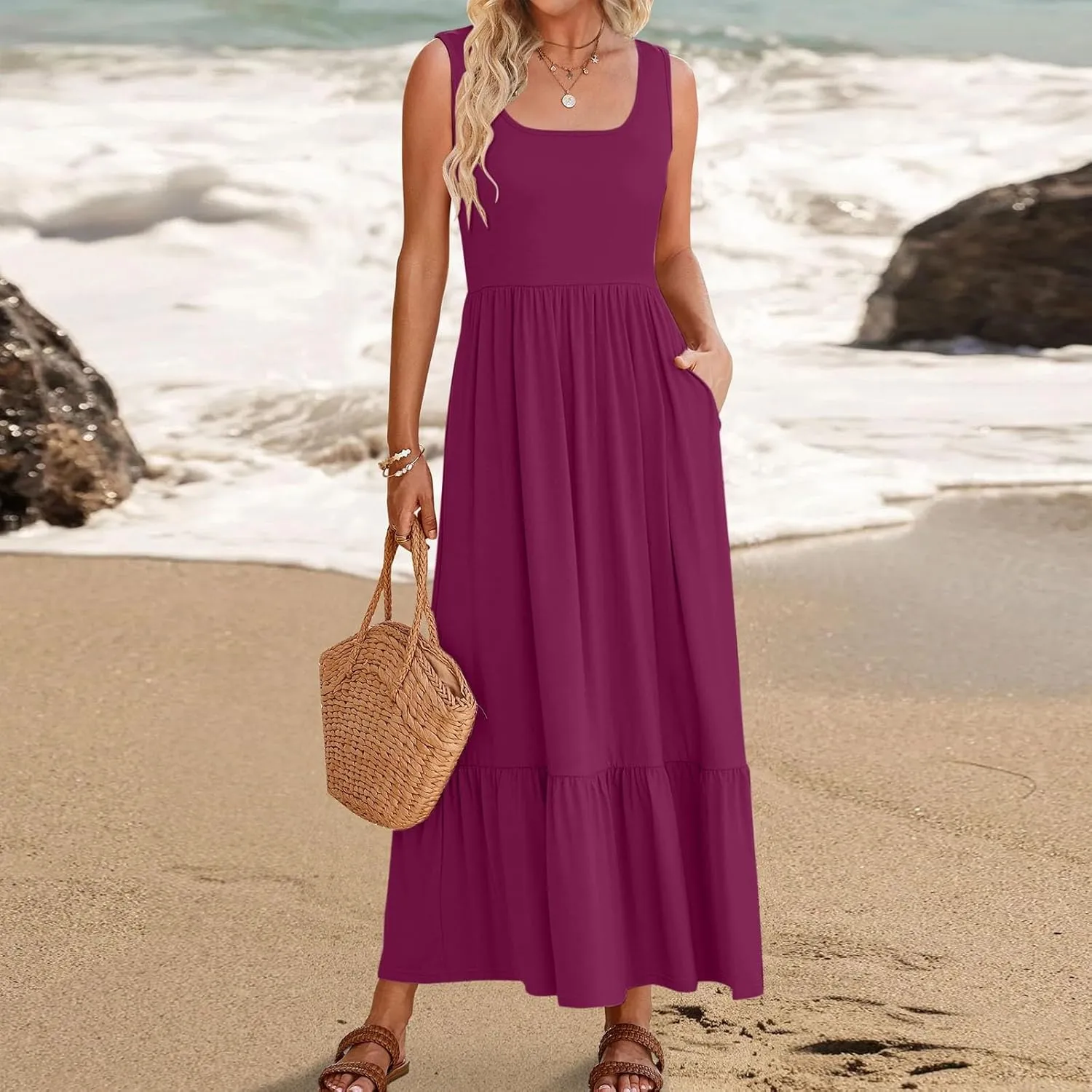 Women's Summer Dresses Sleeveless Casual Boho Maxi Long Dress Square Neck Smocked Floral Beach Vacation Sundresses 4