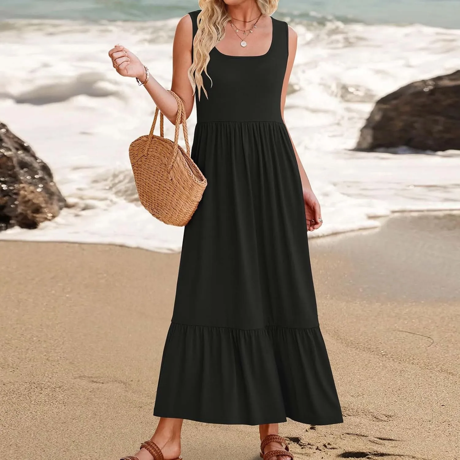 Women's Summer Dresses Sleeveless Casual Boho Maxi Long Dress Square Neck Smocked Floral Beach Vacation Sundresses 4