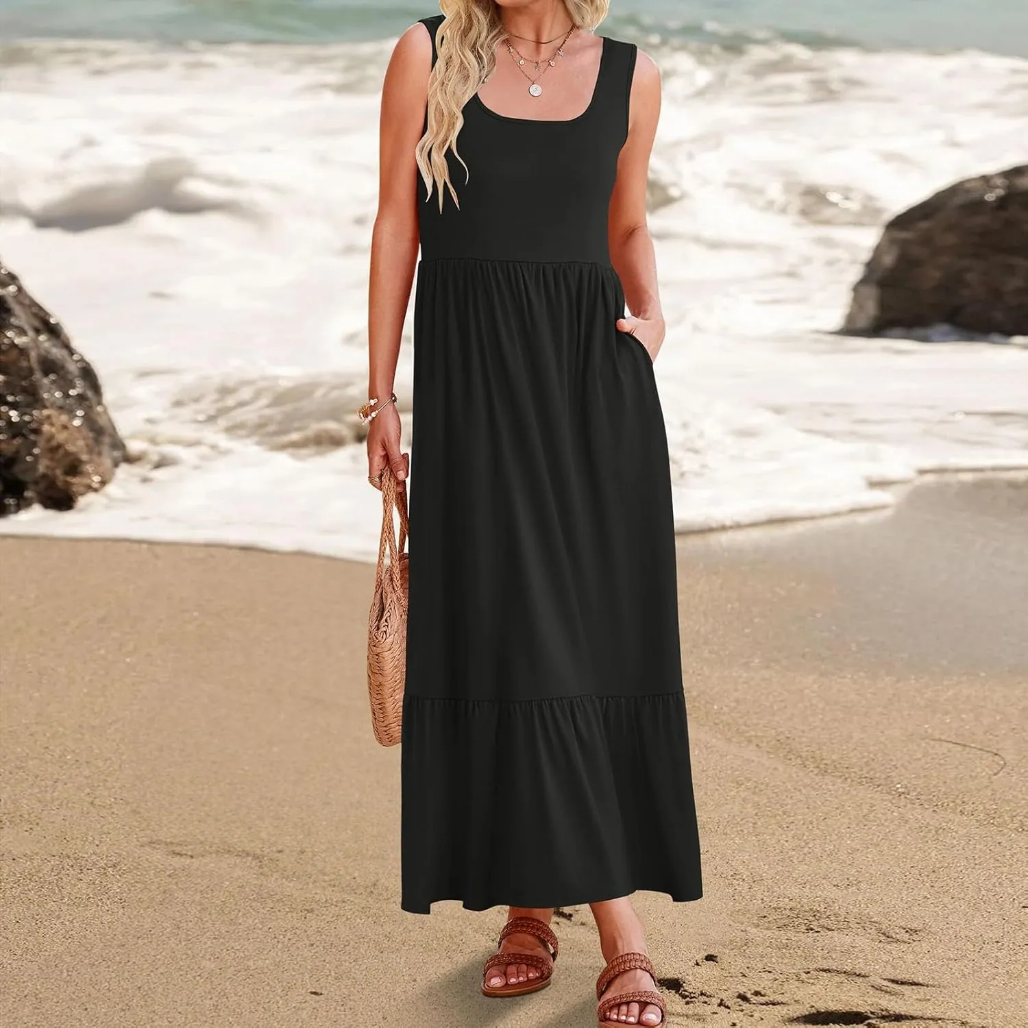 Women's Summer Dresses Sleeveless Casual Boho Maxi Long Dress Square Neck Smocked Floral Beach Vacation Sundresses 4