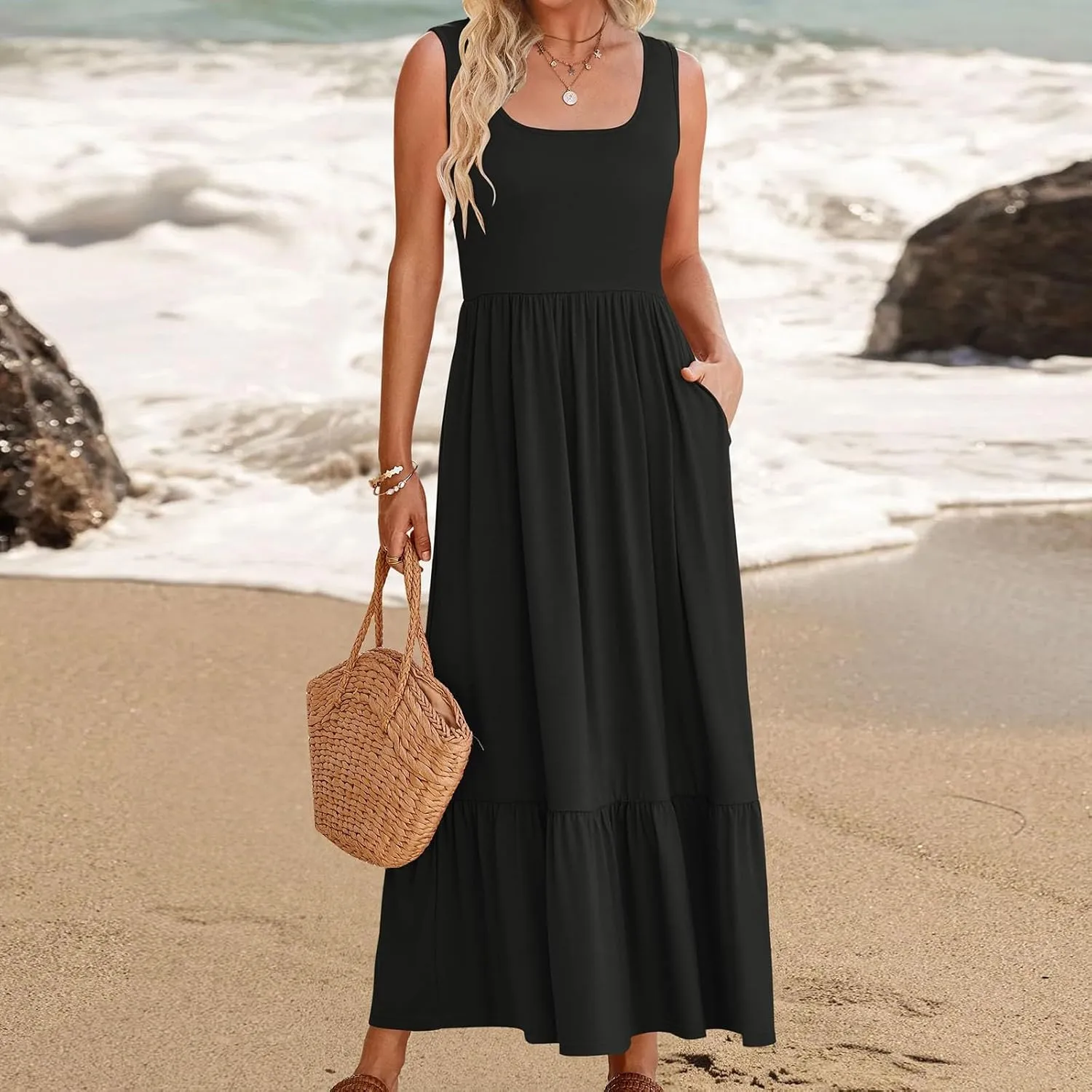 Women's Summer Dresses Sleeveless Casual Boho Maxi Long Dress Square Neck Smocked Floral Beach Vacation Sundresses 4