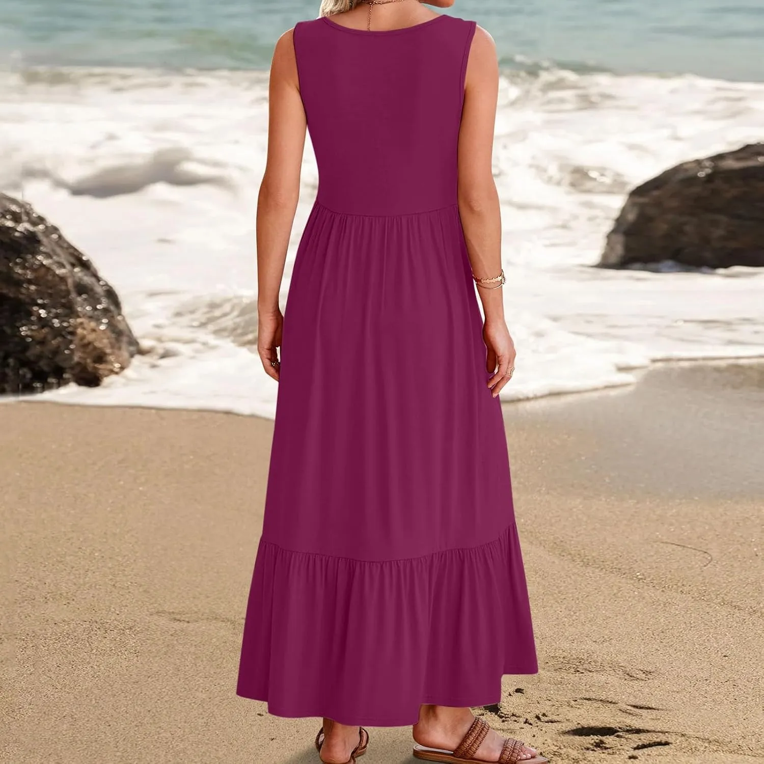 Women's Summer Dresses Sleeveless Casual Boho Maxi Long Dress Square Neck Smocked Floral Beach Vacation Sundresses 4
