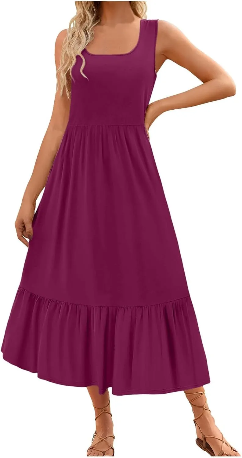 Women's Summer Dresses Sleeveless Casual Boho Maxi Long Dress Square Neck Smocked Floral Beach Vacation Sundresses 4